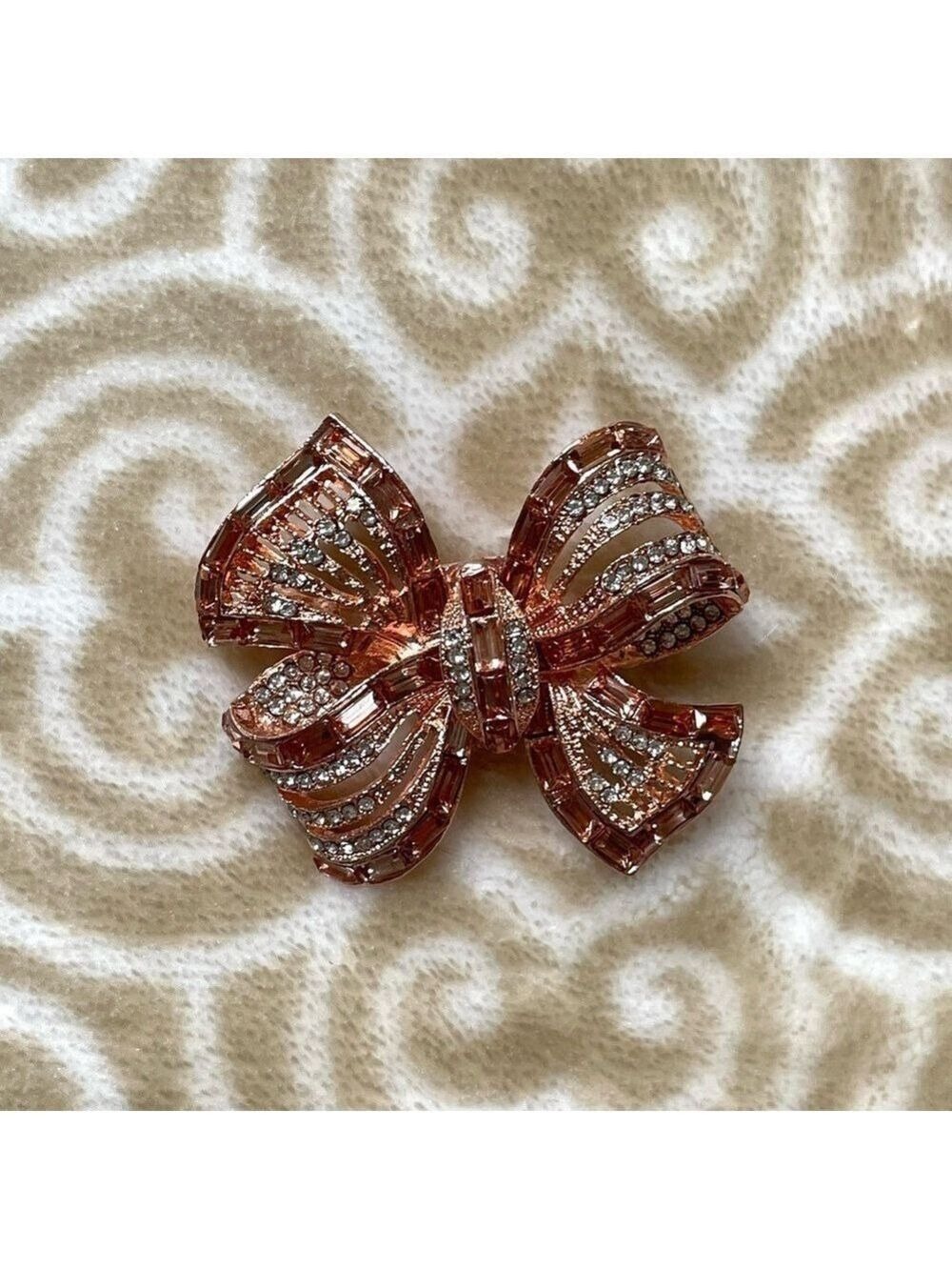 Brooch Pin Bow Rose Gold With Pink & Clear Crystals New